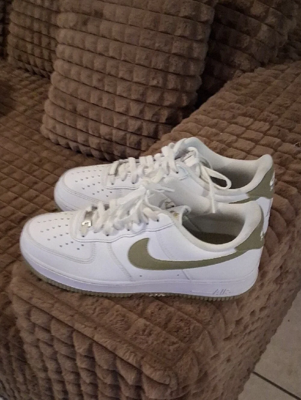 Nike White Low-Top Athletic Sneakers with Olive Swoosh